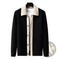 Men knit cardigan in black ribbed knit with contrasting cream collar and front placket featuring matching buttons