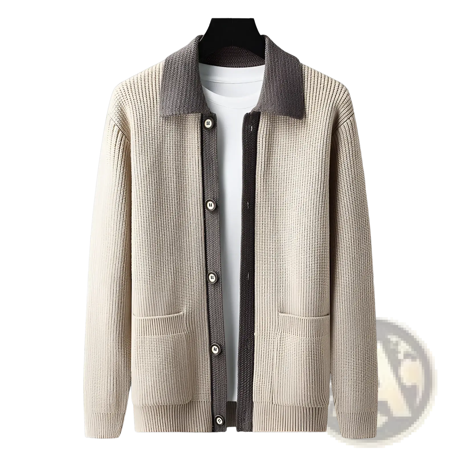 Men knit cardigan beige ribbed knit sweater with dark gray contrast collar placket front buttons and patch pockets
