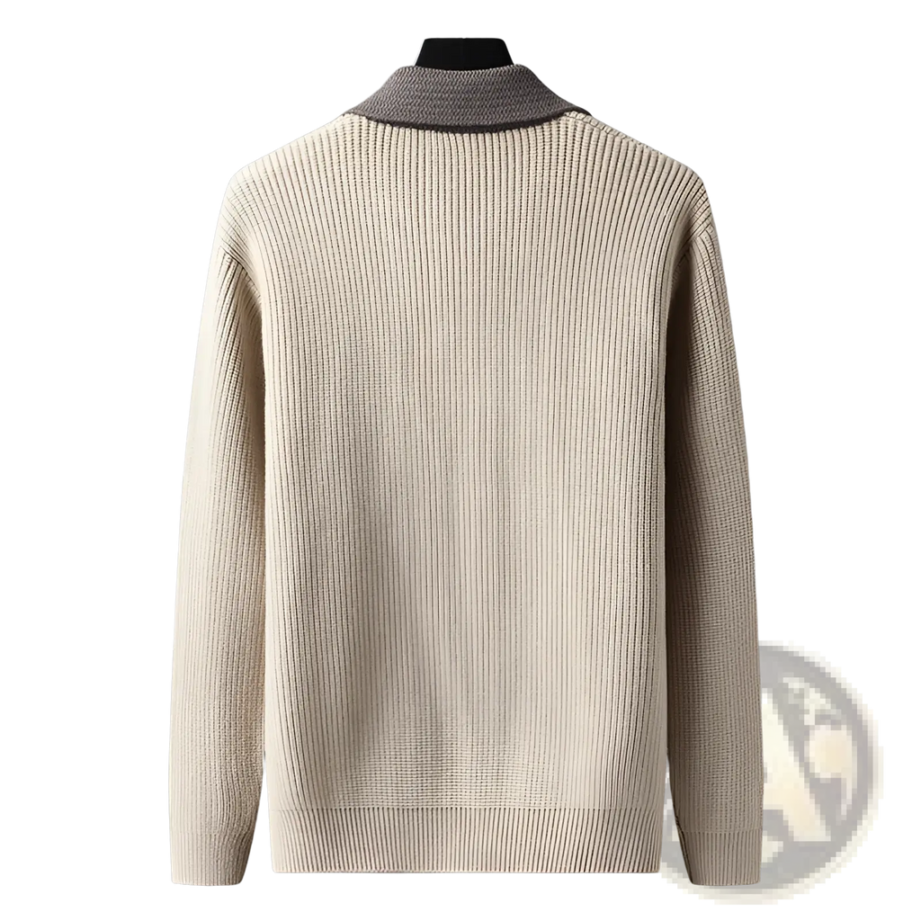 Men knit cardigan sweater in beige ribbed knit with contrasting gray collar for a stylish layered look