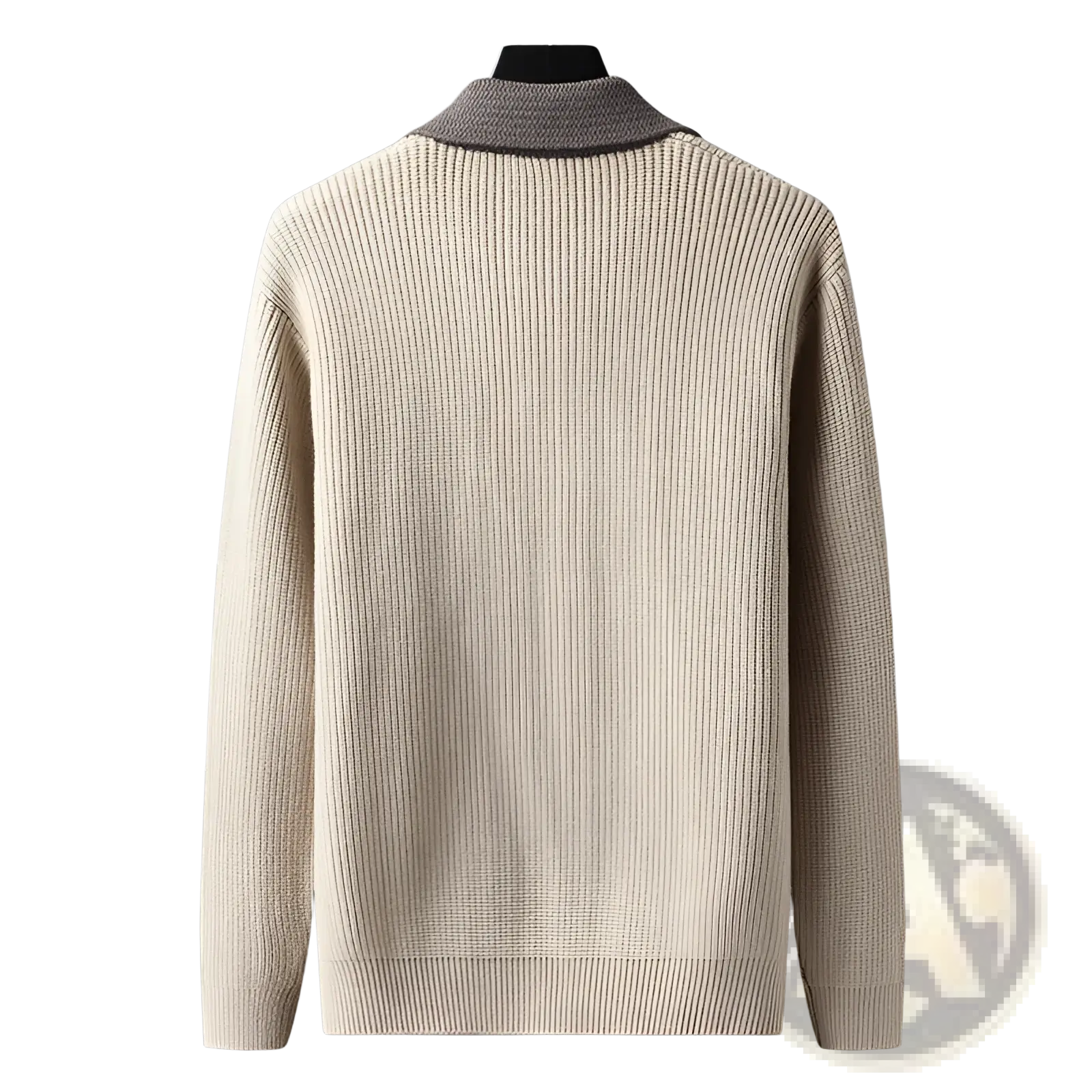 Men knit cardigan sweater in beige ribbed knit with contrasting gray collar for a stylish layered look