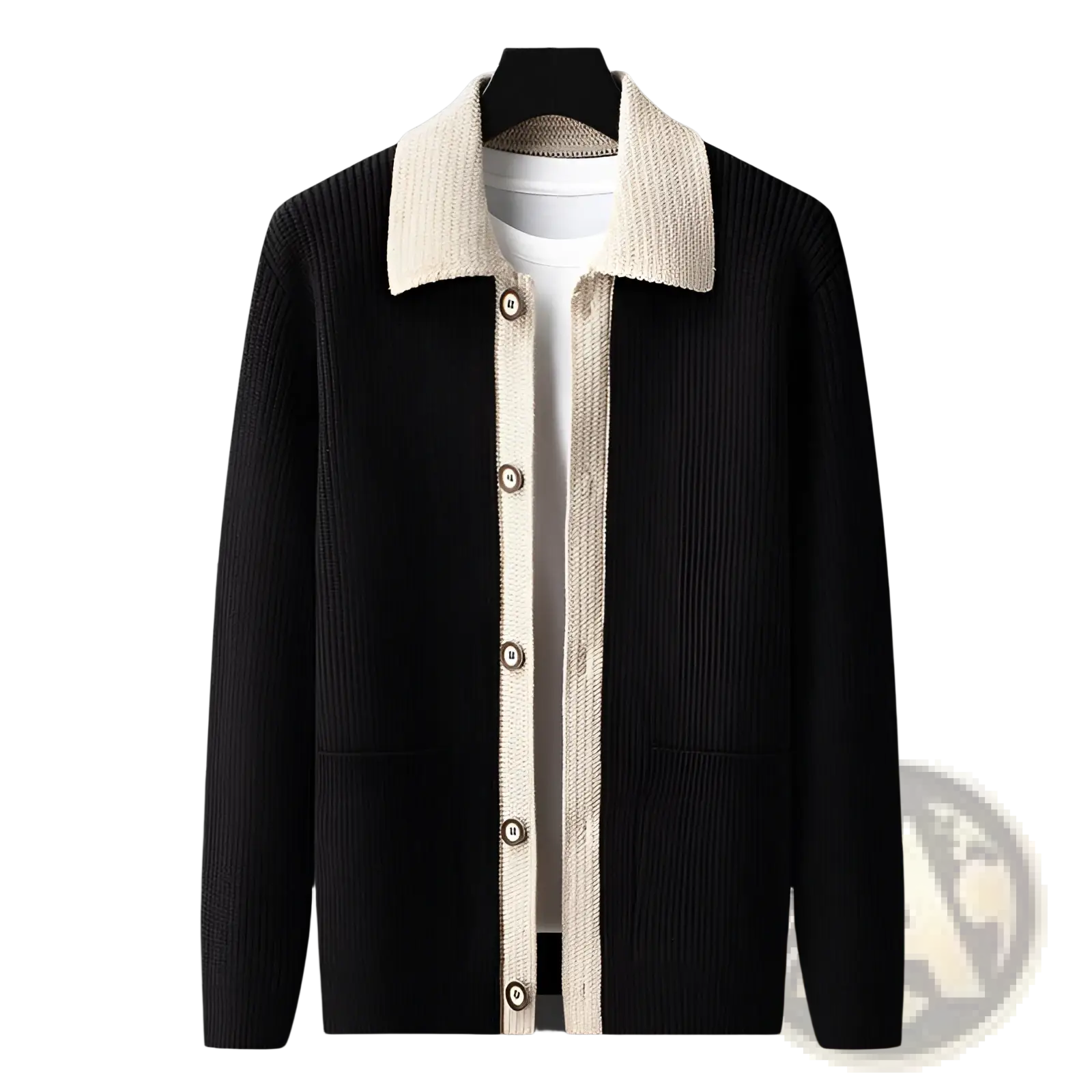 Men knit cardigan with black ribbed knit fabric and contrasting cream collar and placket with matching buttons