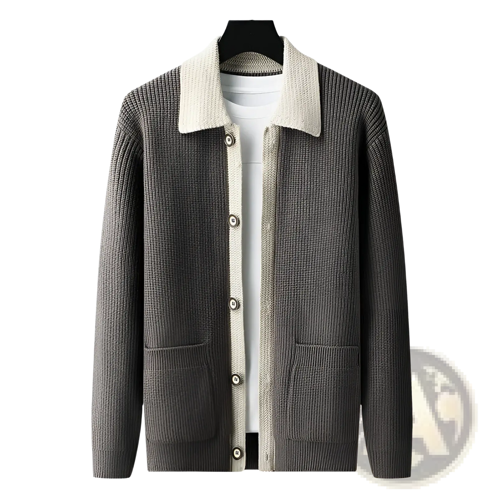Men knit cardigan in gray ribbed knit with contrasting cream collar and matching buttons for stylish layering