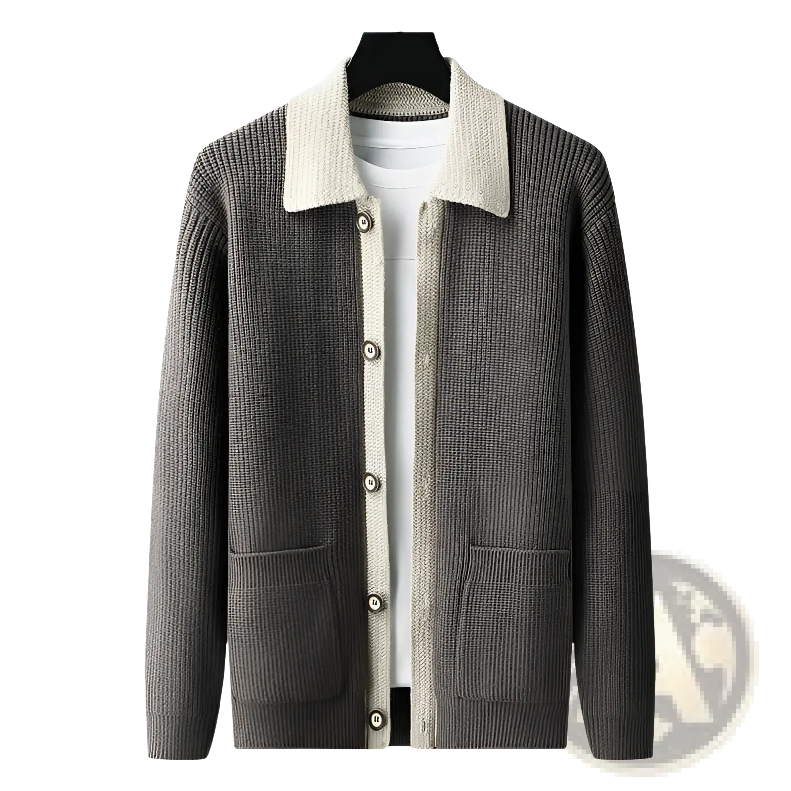 Men knit cardigan in gray ribbed knit with contrasting cream collar and matching buttons for stylish layering