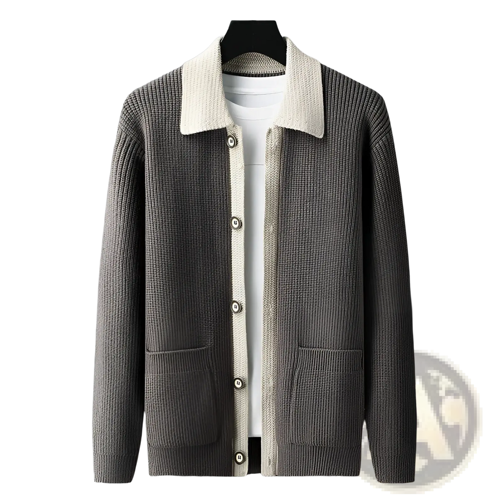 Men knit cardigan gray ribbed knit with contrasting cream fleece collar and matching buttons for casual wear