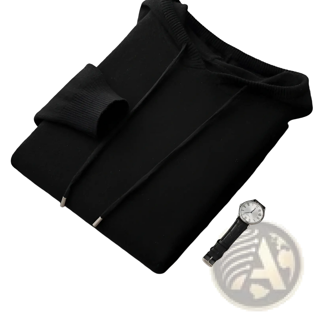 Men knit hooded sweater loose pullover black with ribbed cuffs and hem and silver hardware drawstring tips