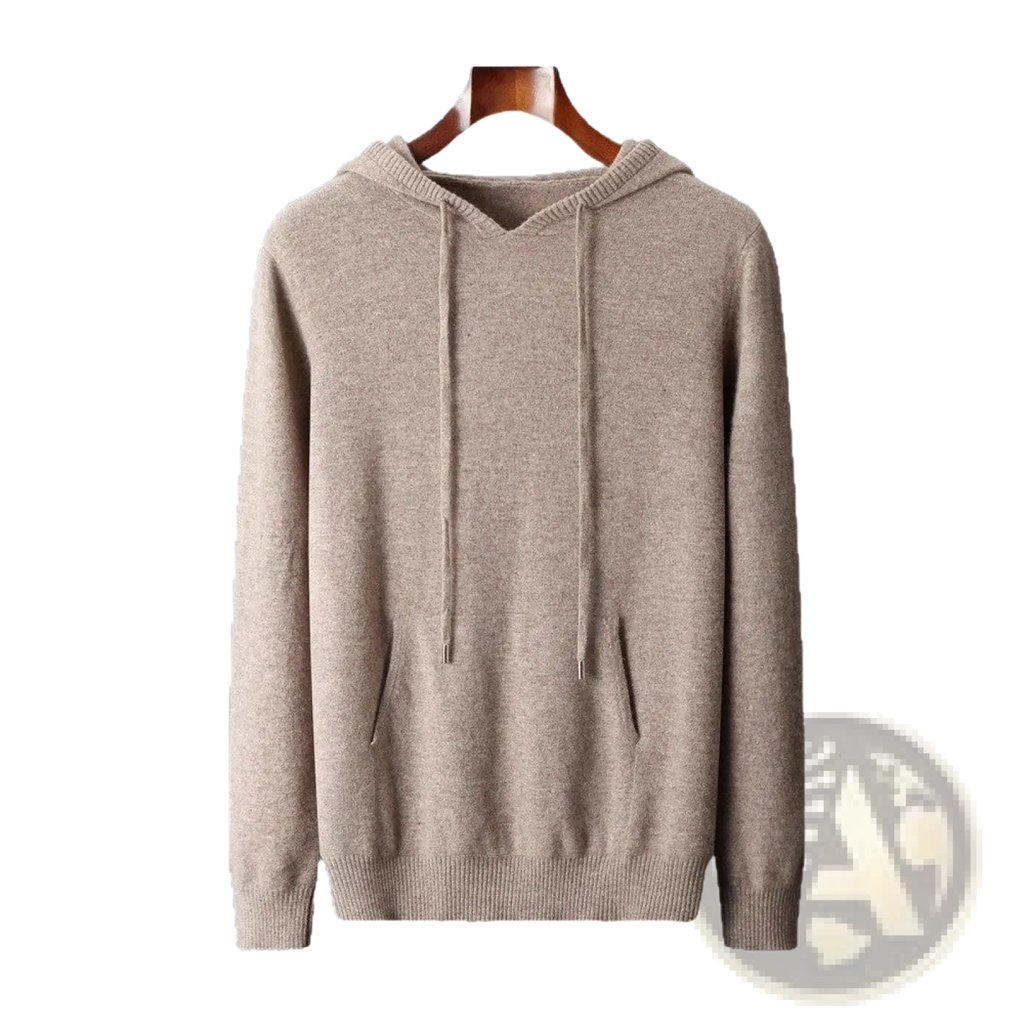 Beige knit hoodie with drawstring hood and front pocket displayed on wooden hanger for men loose pullover sweater