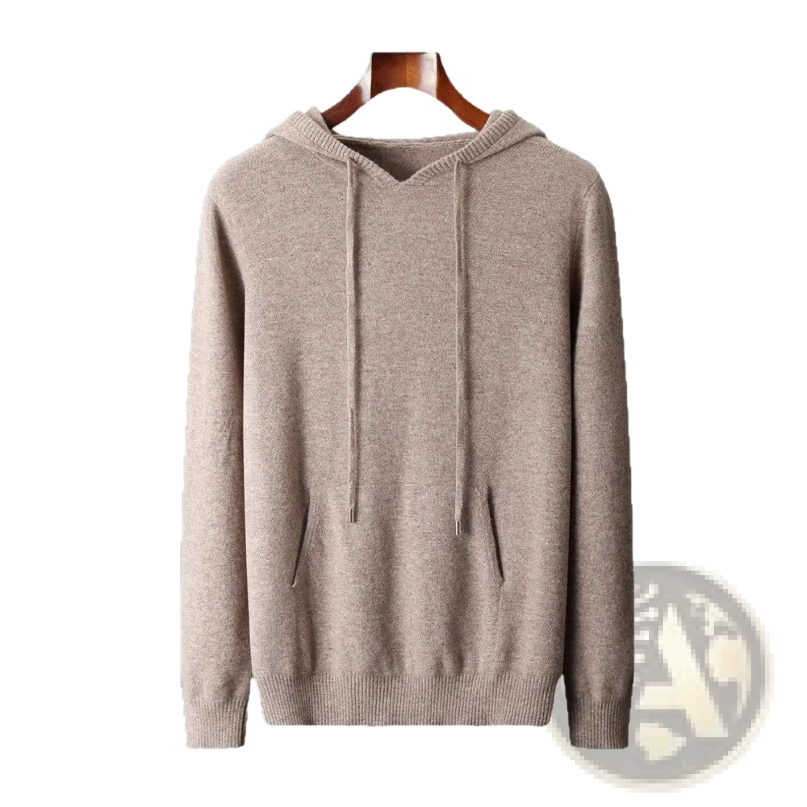 Beige knit hoodie with drawstring hood and front pocket displayed on wooden hanger for men loose pullover sweater
