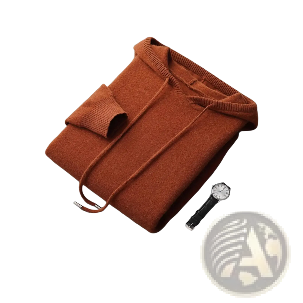 A cozy rust-colored men knit hooded sweater loose pullover with ribbed cuffs and drawstring hood neatly folded