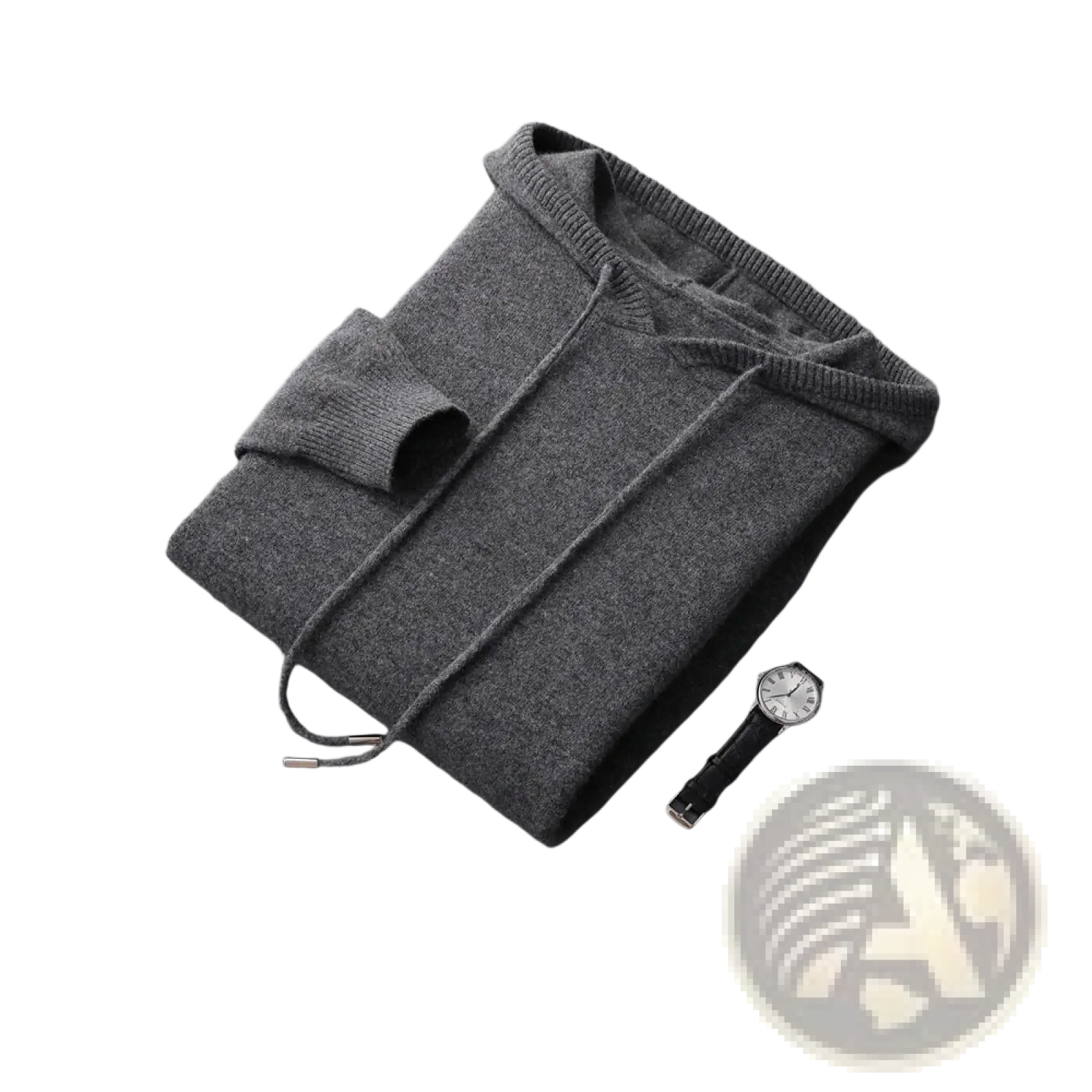 A neatly folded gray knit men hooded sweater with ribbed hem cuffs and matching drawstrings loose pullover