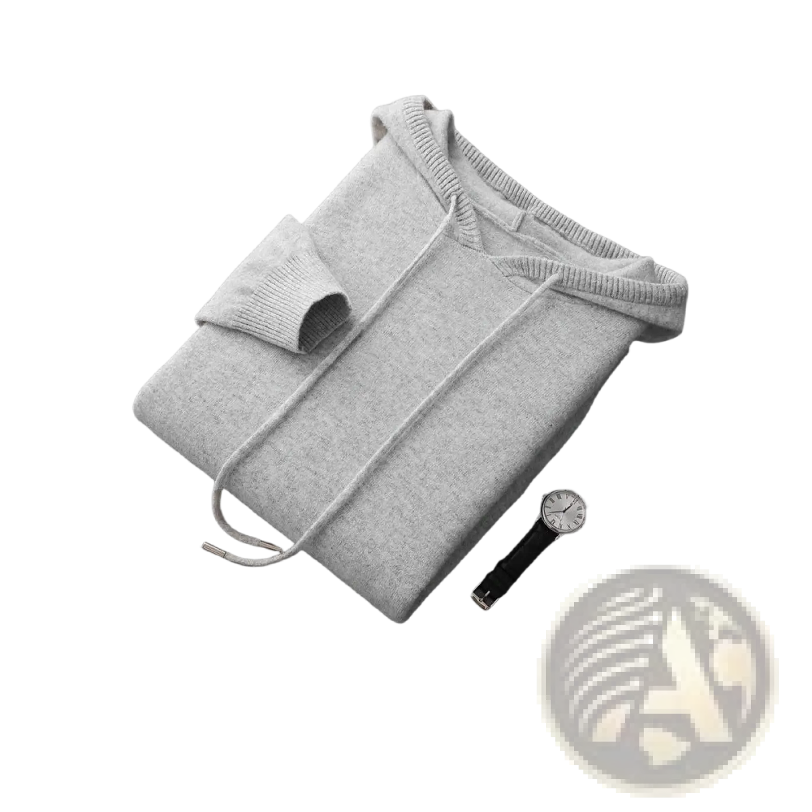 Men knit hooded sweater light gray loose pullover with ribbed cuffs and hem neatly folded on dark surface