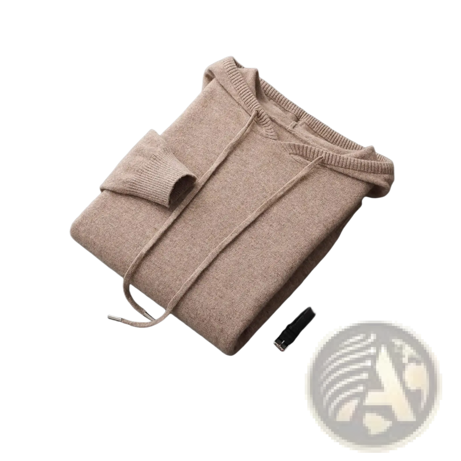 A soft beige men knit hooded sweater with ribbed cuffs and drawstring hood neatly folded on a dark gray surface