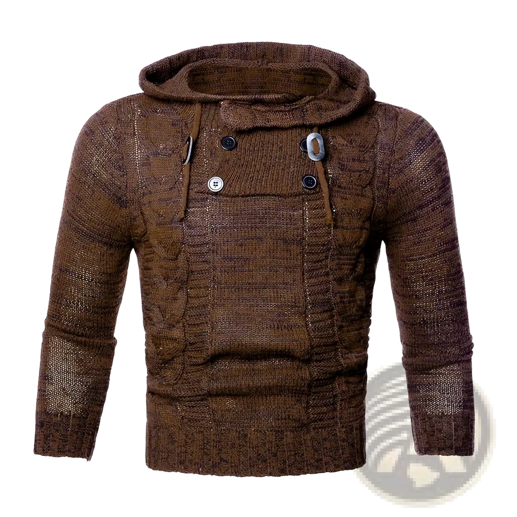 Men knit hooded sweater slim fit pullover in brown cable knit with silver toned buttons and textured pattern