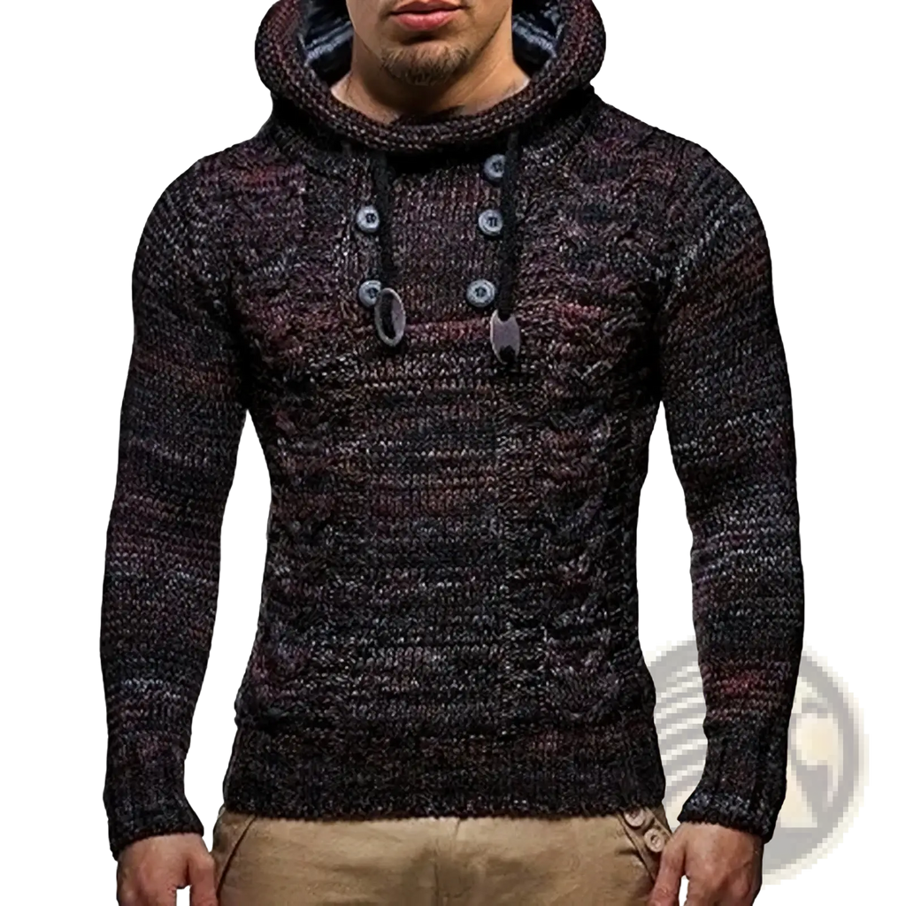 Men knit hooded sweater slim fit pullover in dark marled knit with textured cable knit pattern and silver toned buttons