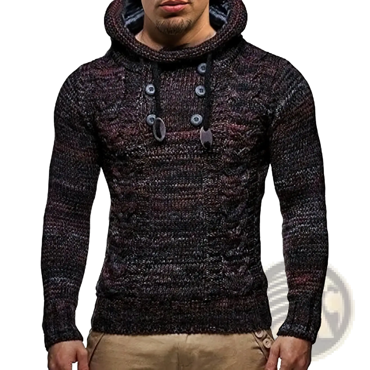 Men knit hooded sweater slim fit pullover in dark marled knit with textured cable knit pattern and silver toned buttons