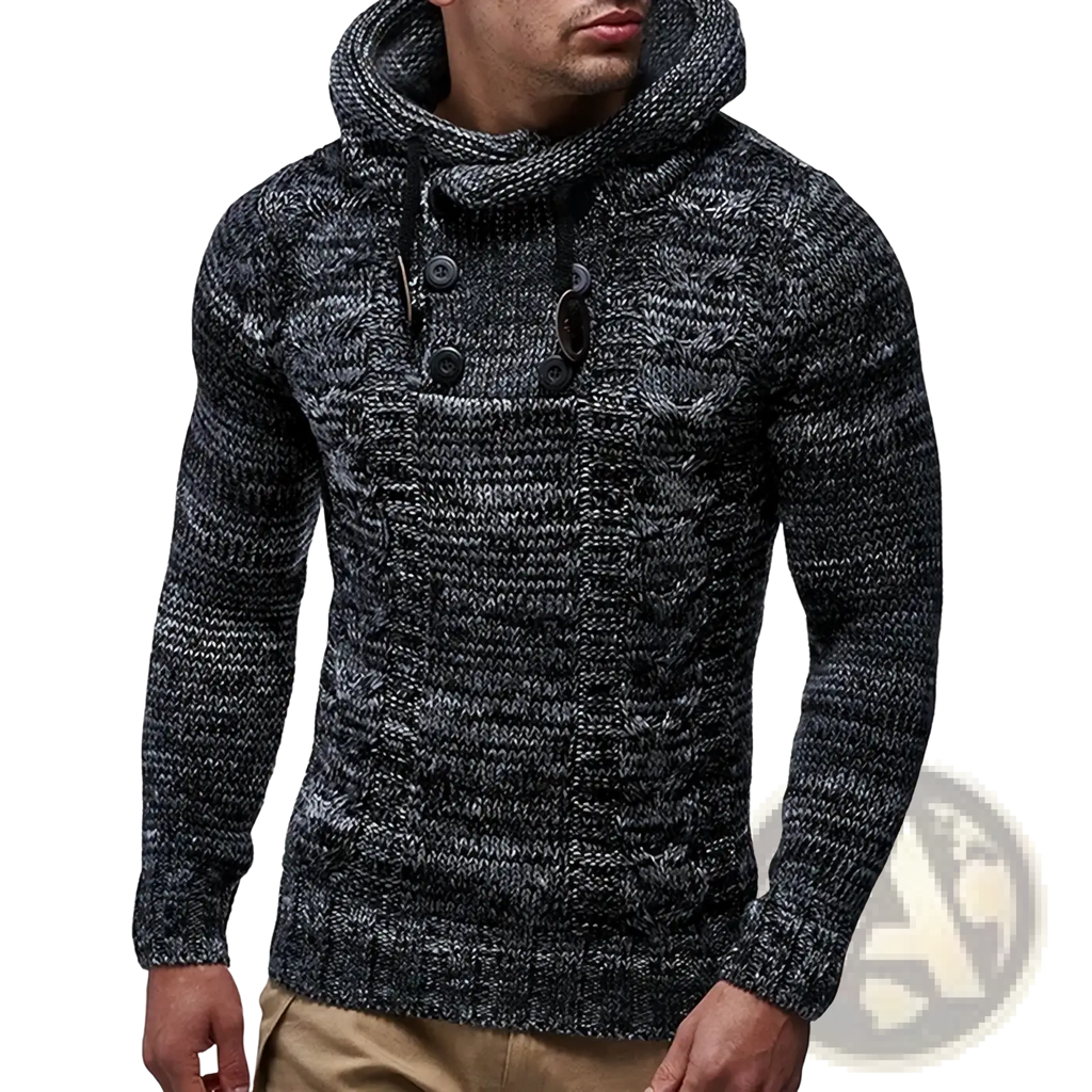 Men knit hooded sweater slim fit pullover in textured black and gray marled knit with high collar and front button closure