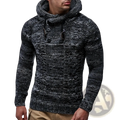 Men knit hooded sweater slim fit pullover in textured black and gray marled knit with high collar and front button closure