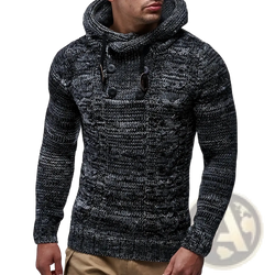Men knit hooded sweater slim fit pullover in textured black and gray marled knit with high collar and front button closure