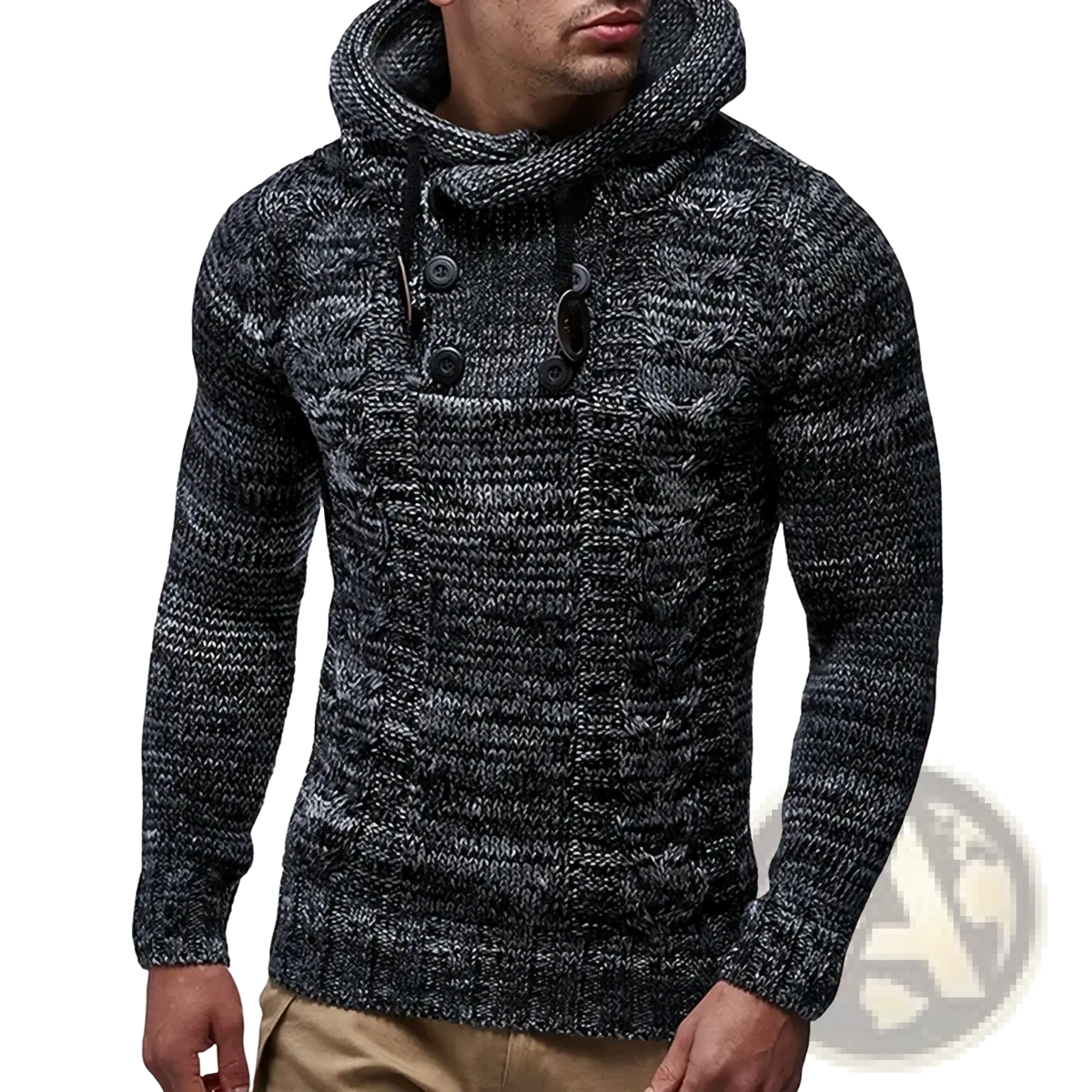 Men knit hooded sweater slim fit pullover in textured black and gray marled knit with high collar and front button closure