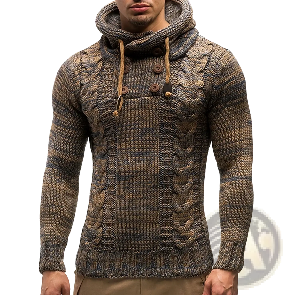 Men knit hooded sweater slim fit pullover in earthy brown and gray textured cable knit for casual wear