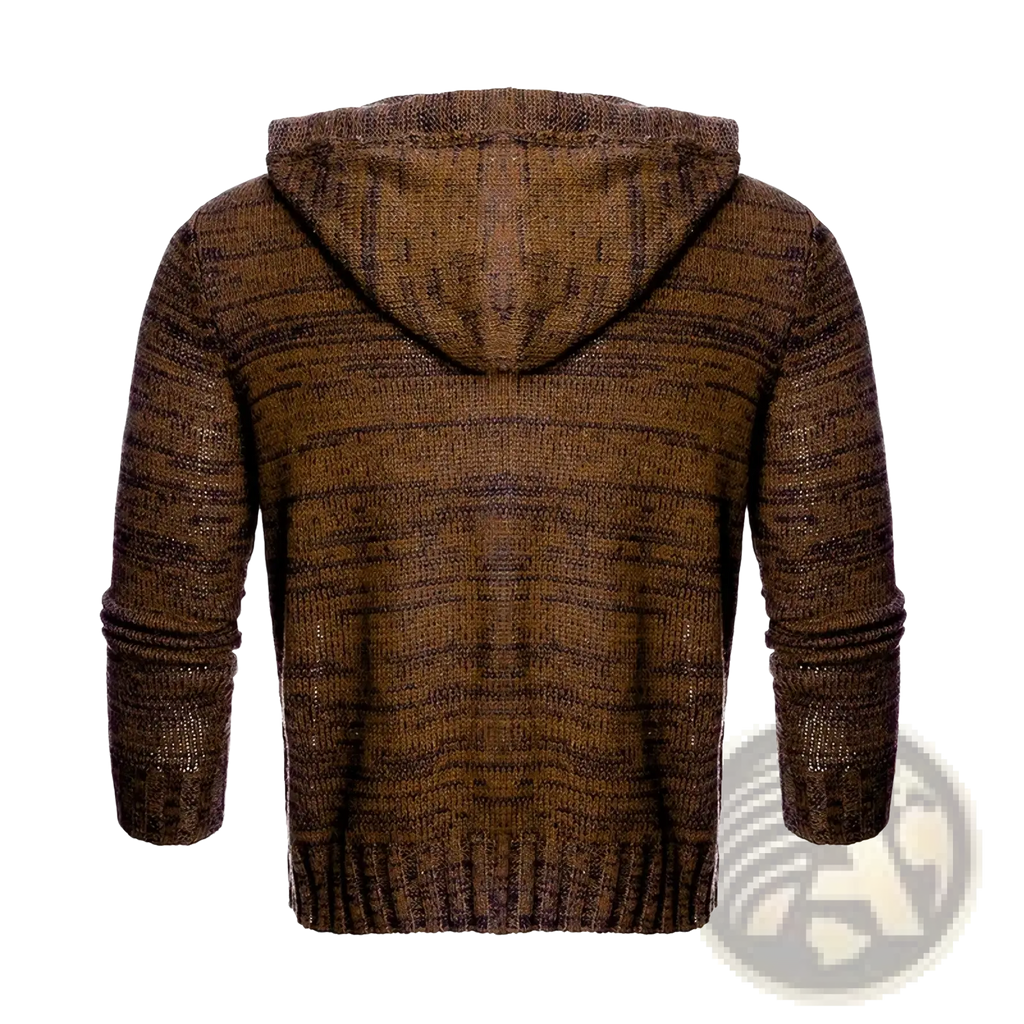 Men knit hooded sweater slim fit pullover in textured brown marled knit with ribbed cuffs