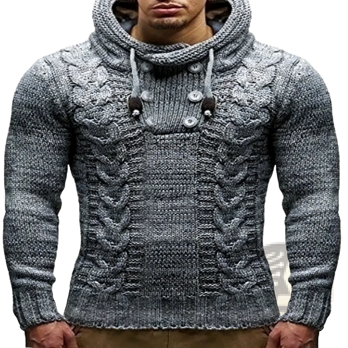 Men knit hooded sweater slim fit pullover in textured gray knit with intricate cable knit patterns and a high collar