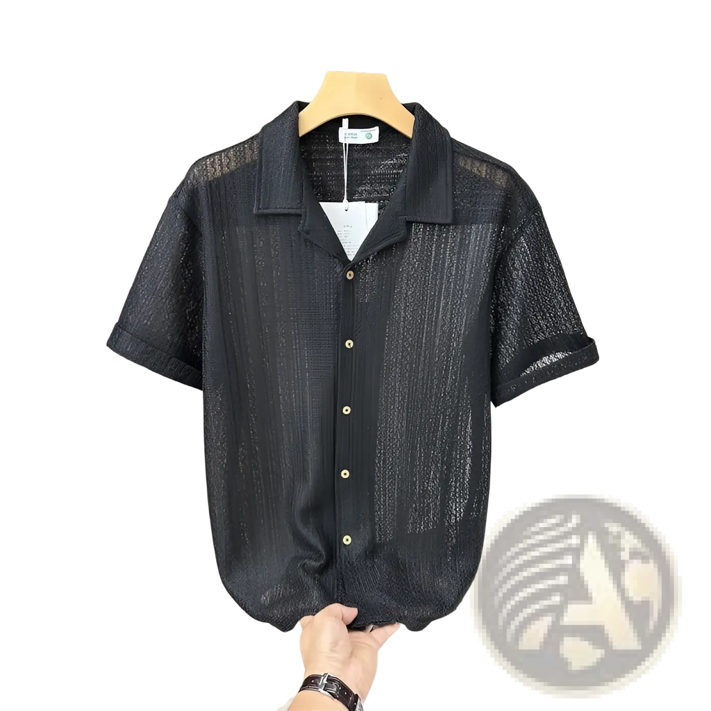 Men knit short sleeve shirt in black featuring textured semi-transparent mesh fabric and matching black collar for casual wear