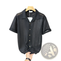 Men knit short sleeve shirt in black featuring textured semi-transparent mesh fabric and matching black collar for casual wear