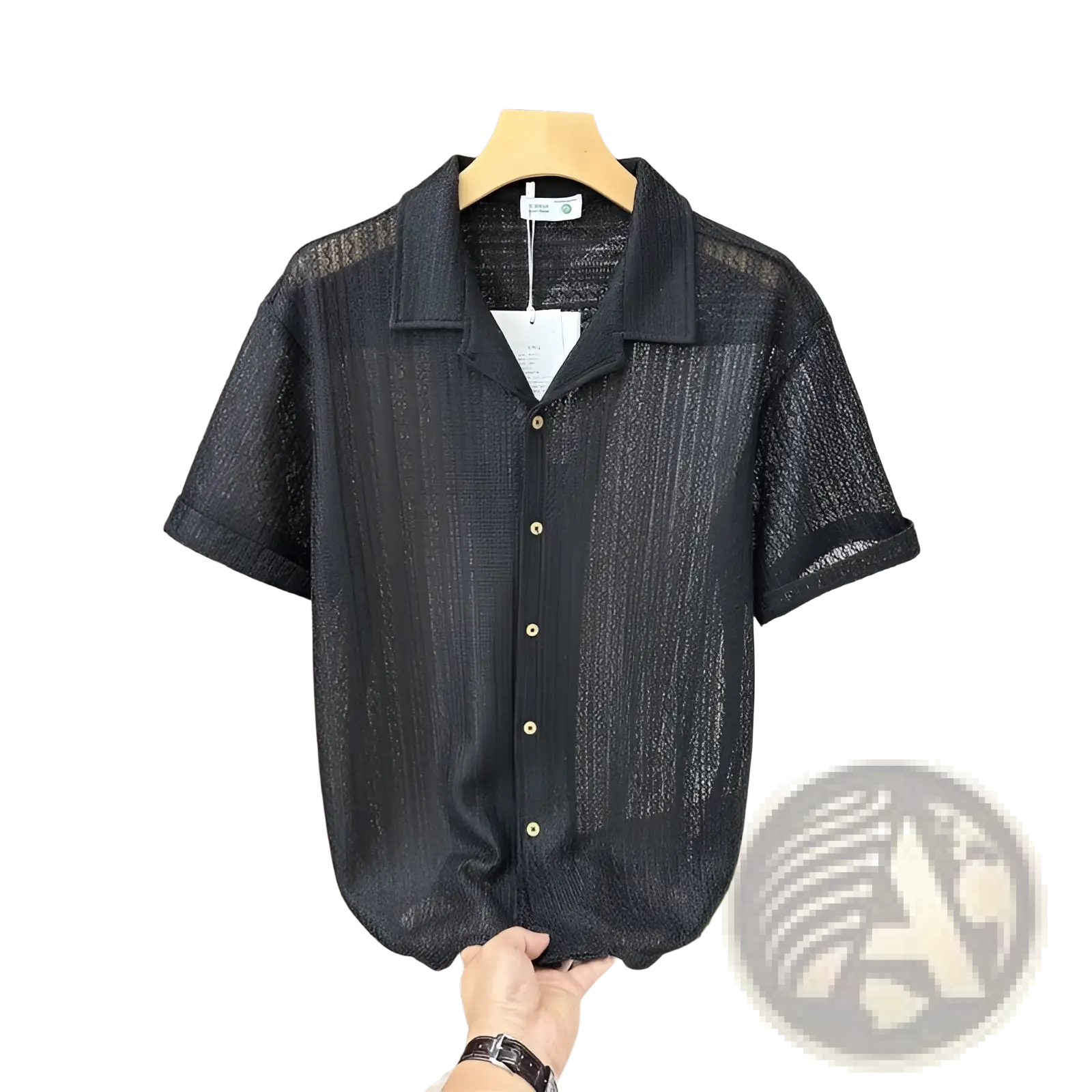 Men knit short sleeve shirt in black featuring textured semi-transparent mesh fabric and matching black collar for casual wear