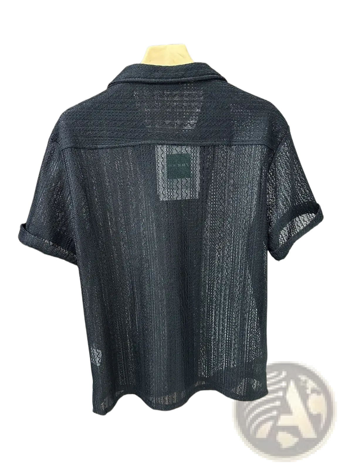 Men knit short sleeve shirt black textured cotton casual showing back with subtle woven pattern and square patch