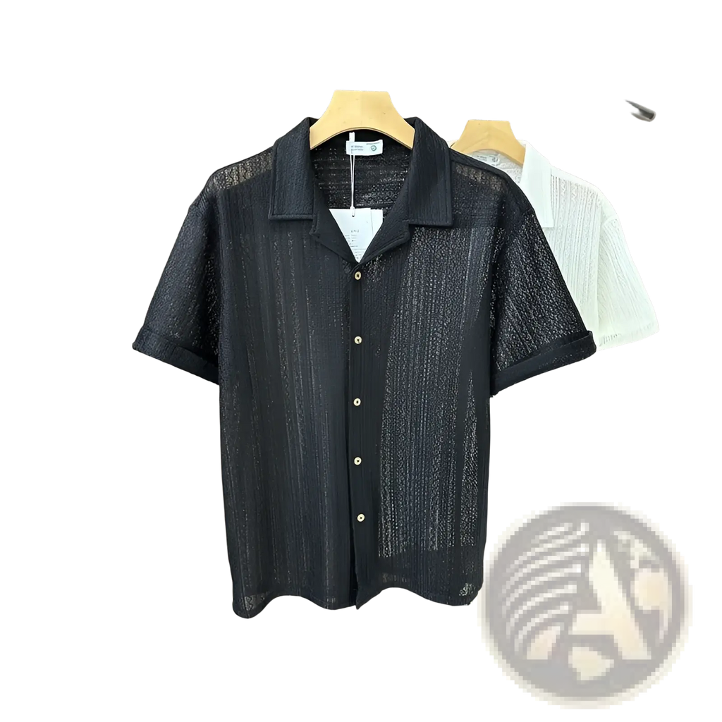 Men knit short sleeve shirt in black textured woven fabric with subtle vertical stripes for casual wear