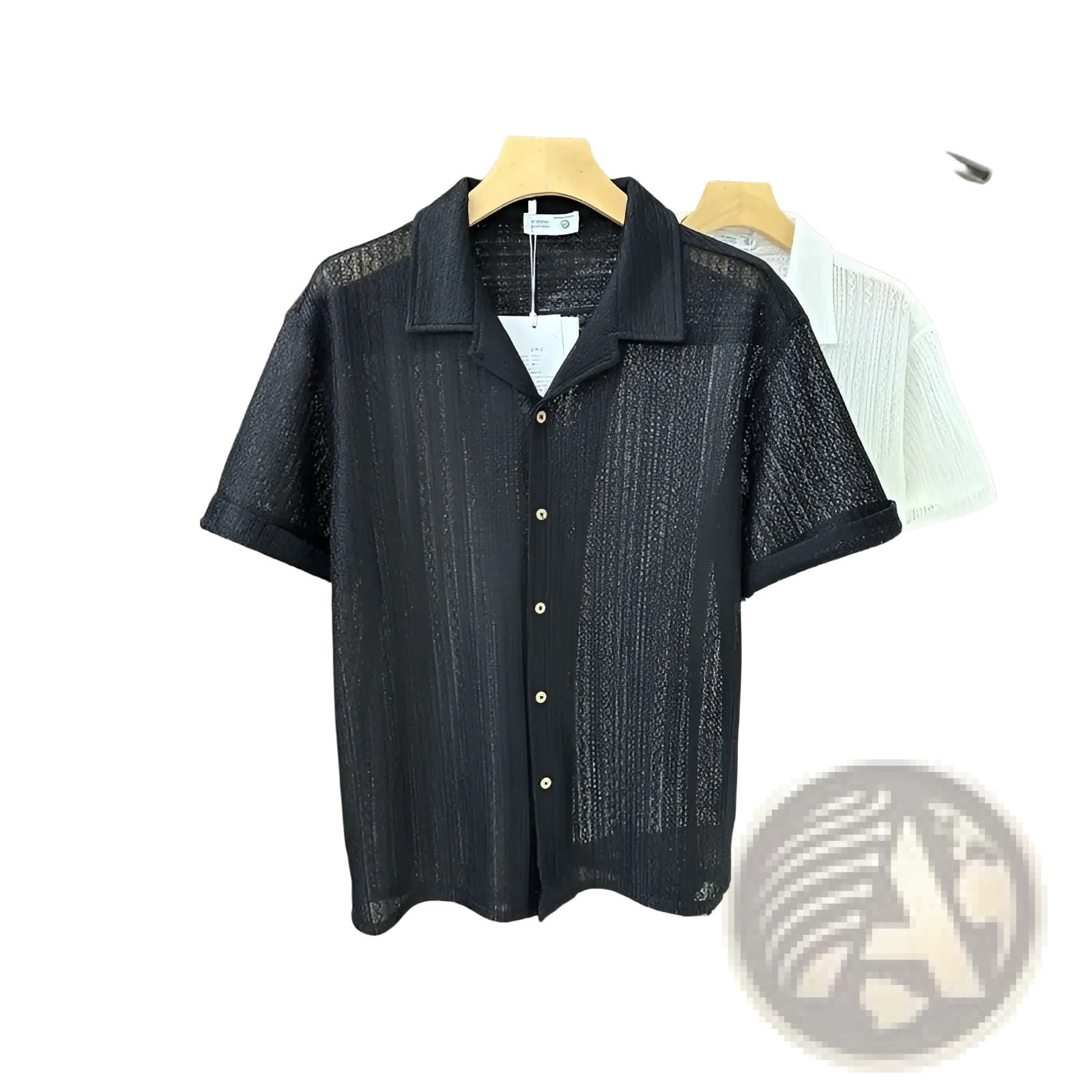 Men knit short sleeve shirt in black textured woven fabric with subtle vertical stripes for casual wear