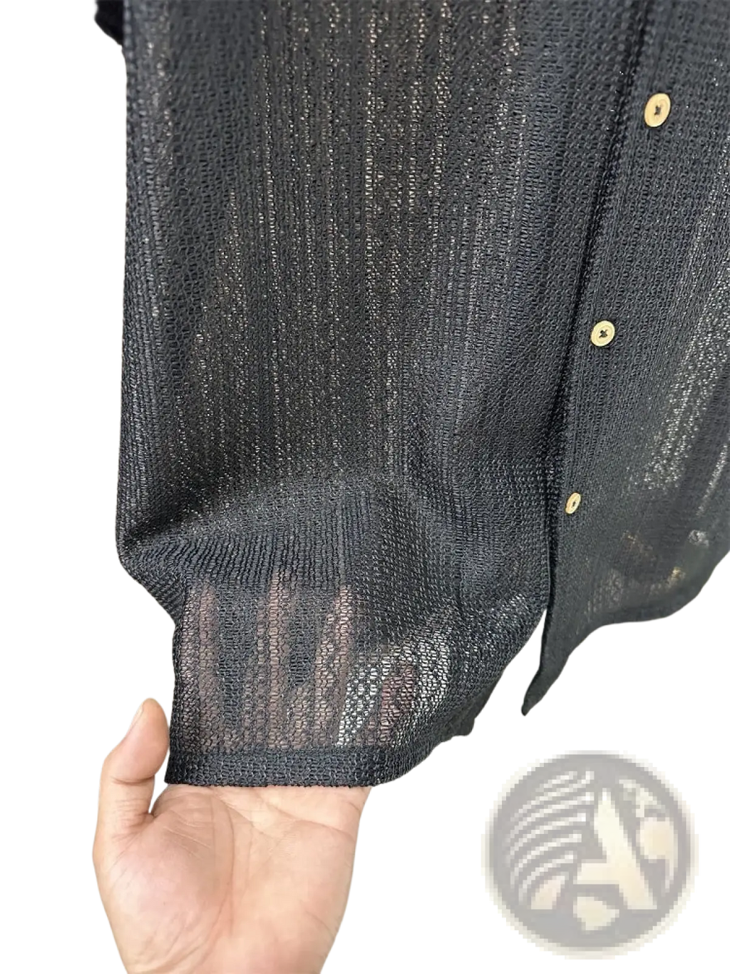 Men knit short sleeve shirt in black textured knit with gold toned buttons for casual wear