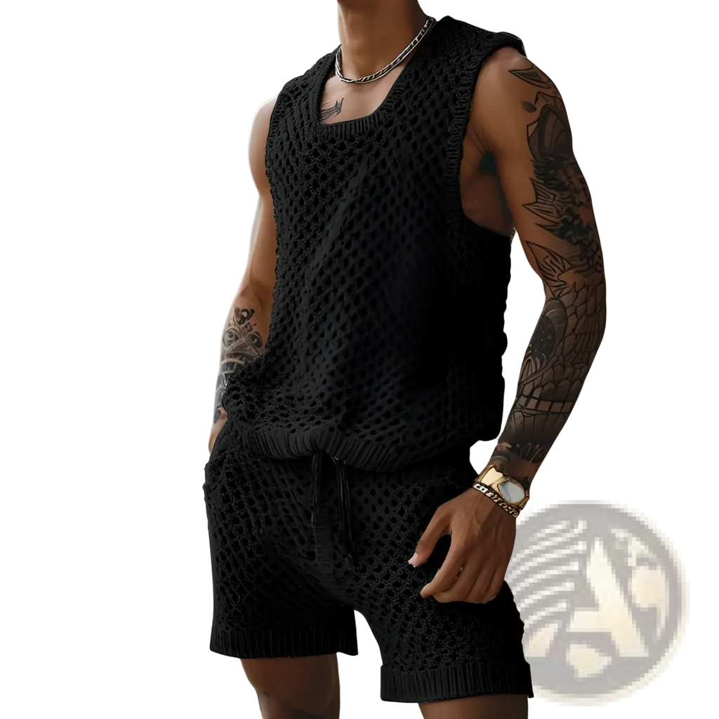 Men knit short sleeve shirt showing a black knitted sleeveless top with textured openwork pattern and ribbed hem