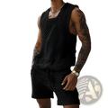 Men knit short sleeve shirt showing a black knitted sleeveless top with textured openwork pattern and ribbed hem