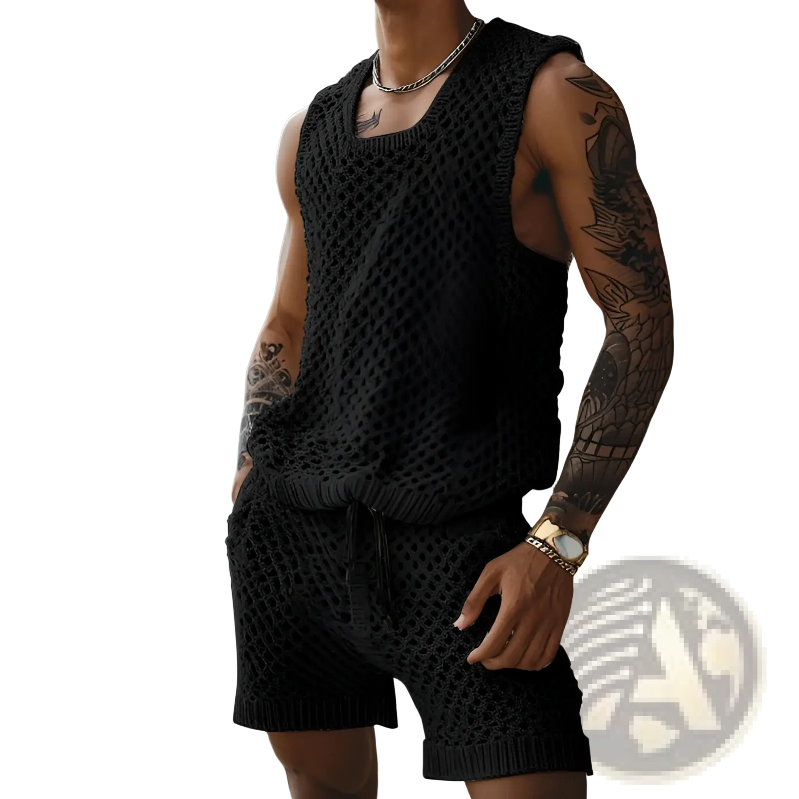 Men knit short sleeve shirt showing a black knitted sleeveless top with textured openwork pattern and ribbed hem