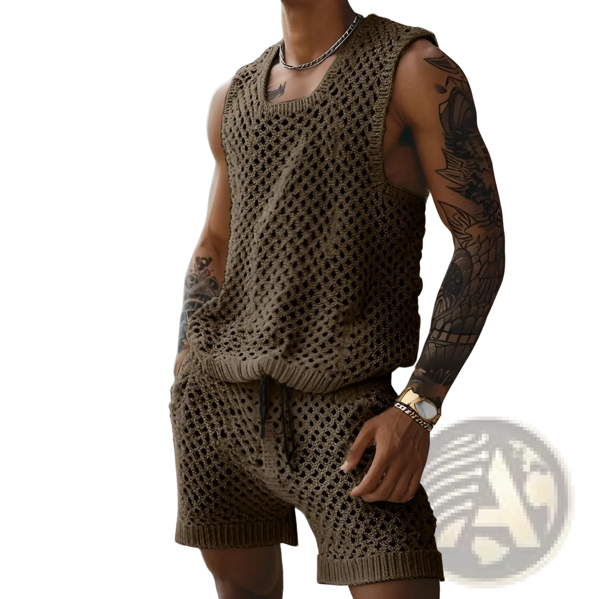 Men knit short sleeve shirt and shorts set featuring a brown knitted sleeveless top with mesh pattern and ribbed hem