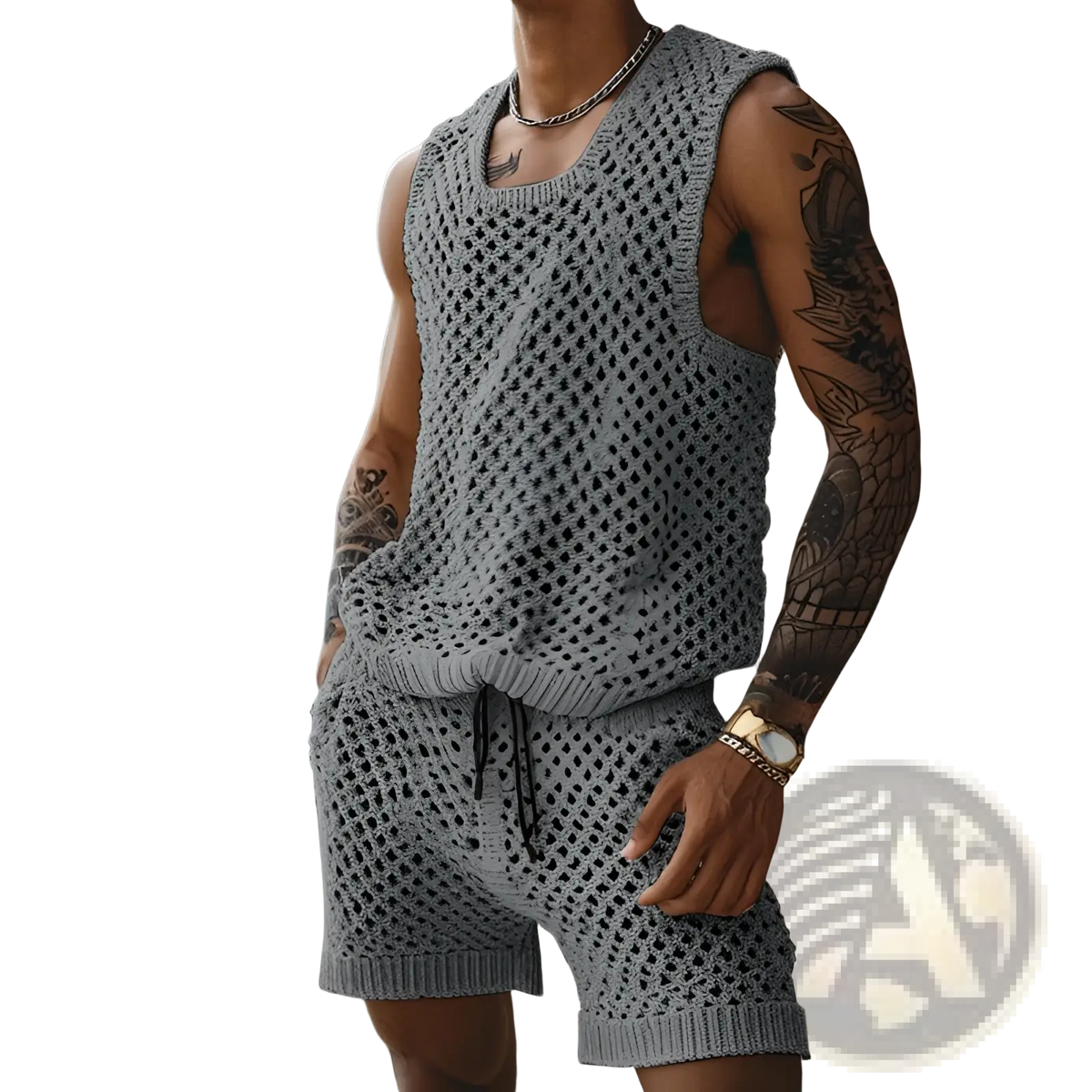 Men knit short sleeve shirt and shorts set featuring a gray knitted sleeveless top with mesh pattern and ribbed hem