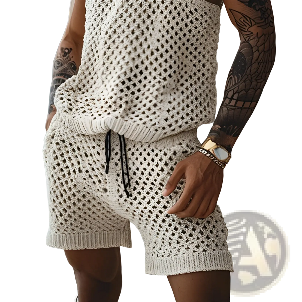 Men knit short sleeve shirt and cream-colored knitted mesh shorts with ribbed hem and black drawstring waistband