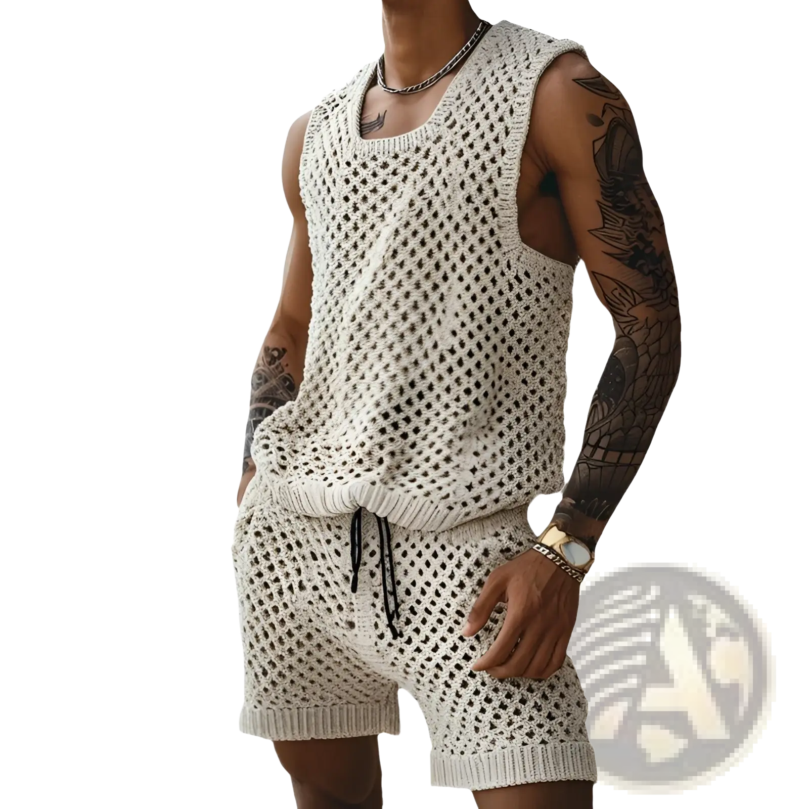Men knit short sleeve shirt and shorts set in cream color featuring open-knit sleeveless top with square neckline and matching shorts
