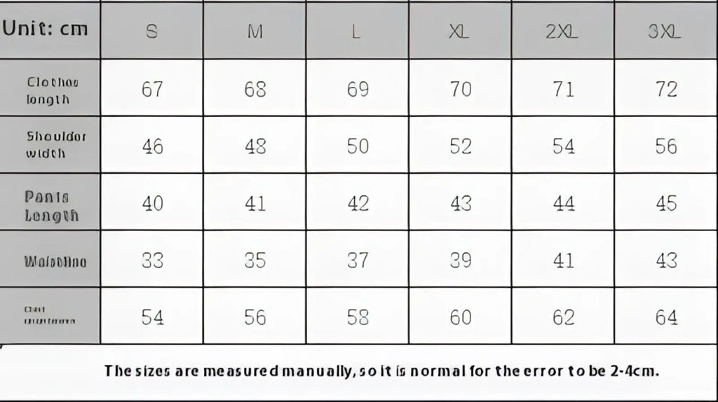 Size chart in centimeters for men knit short sleeve shirt and shorts set from size S to 3XL