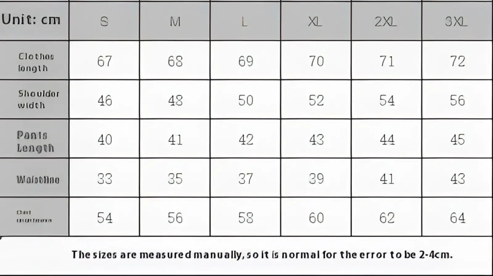 Size chart in centimeters for men knit short sleeve shirt and shorts set from size S to 3XL
