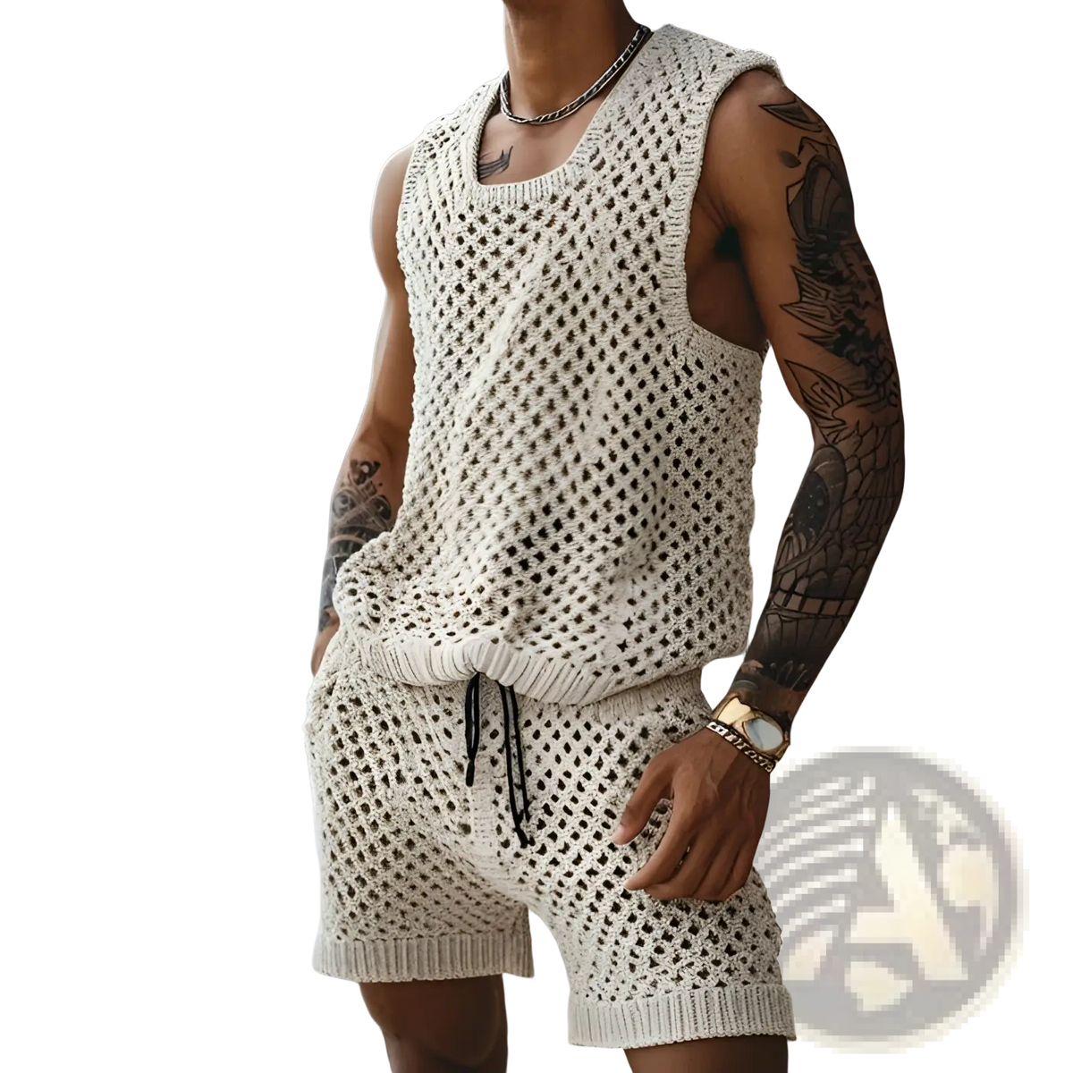 Men knit short sleeve shirt and shorts set in cream-colored open-knit crochet fabric with sleeveless top and square neckline