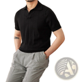 Men knit stripe polo shirt in black with short sleeves ribbed collar and vertical seam detailing