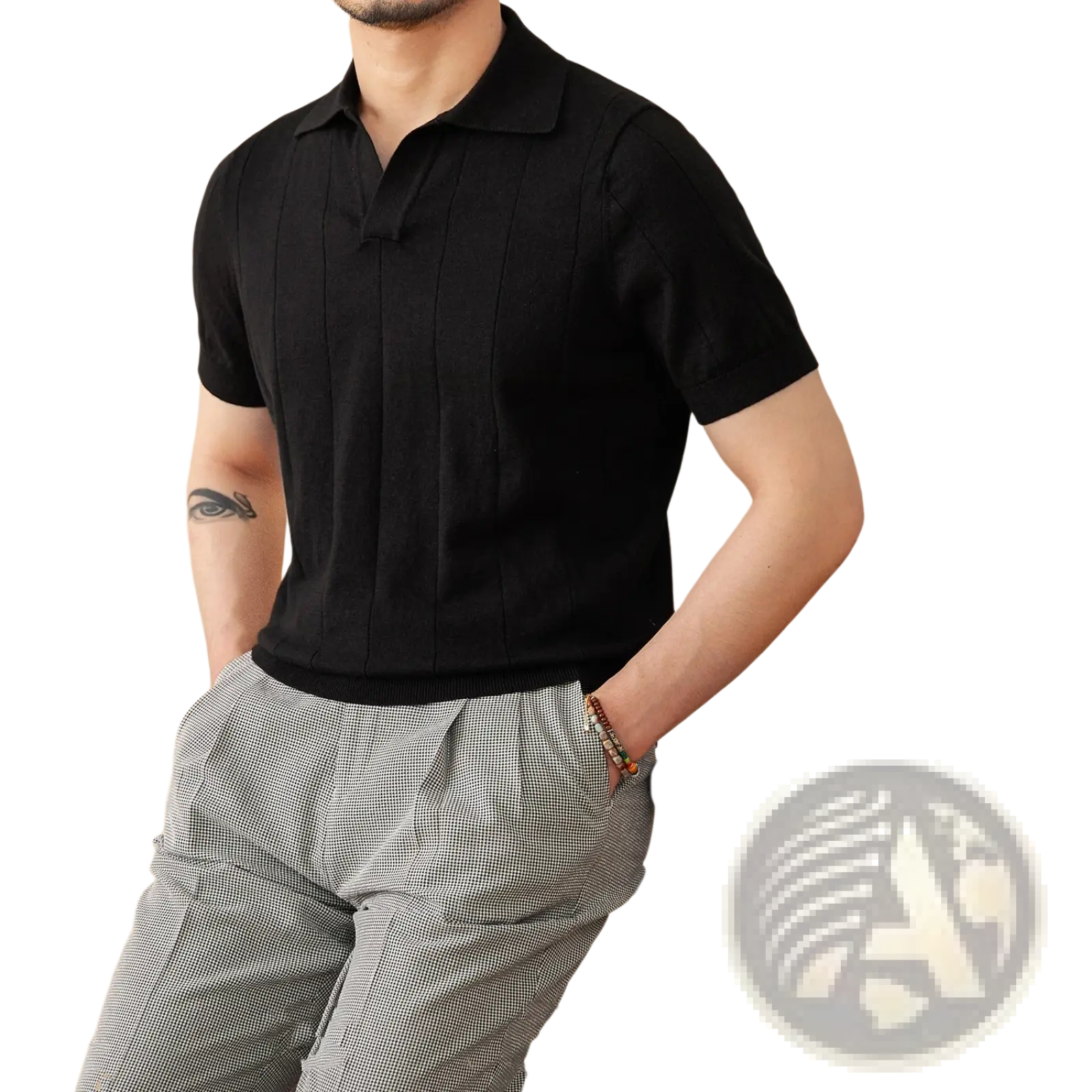 Men knit stripe polo shirt in black with short sleeves ribbed collar and vertical seam detailing
