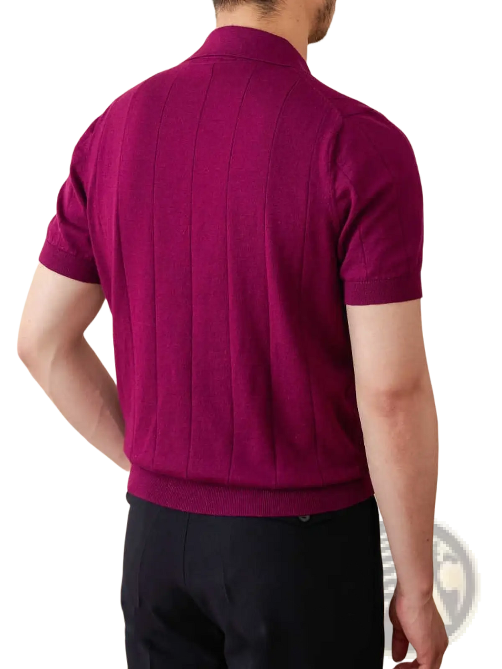 Men knit stripe polo shirt in rich magenta with vertical ribbed detailing short sleeves and classic collar