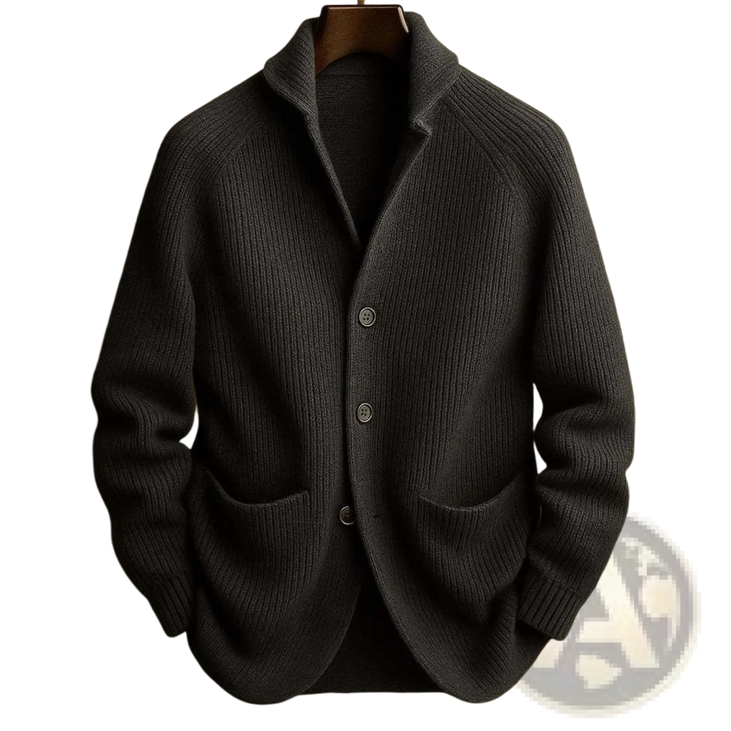 Dark gray ribbed knit men’s cardigan with three buttons and front pockets for casual wear