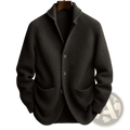 Dark gray ribbed knit men’s cardigan with three buttons and front pockets for casual wear