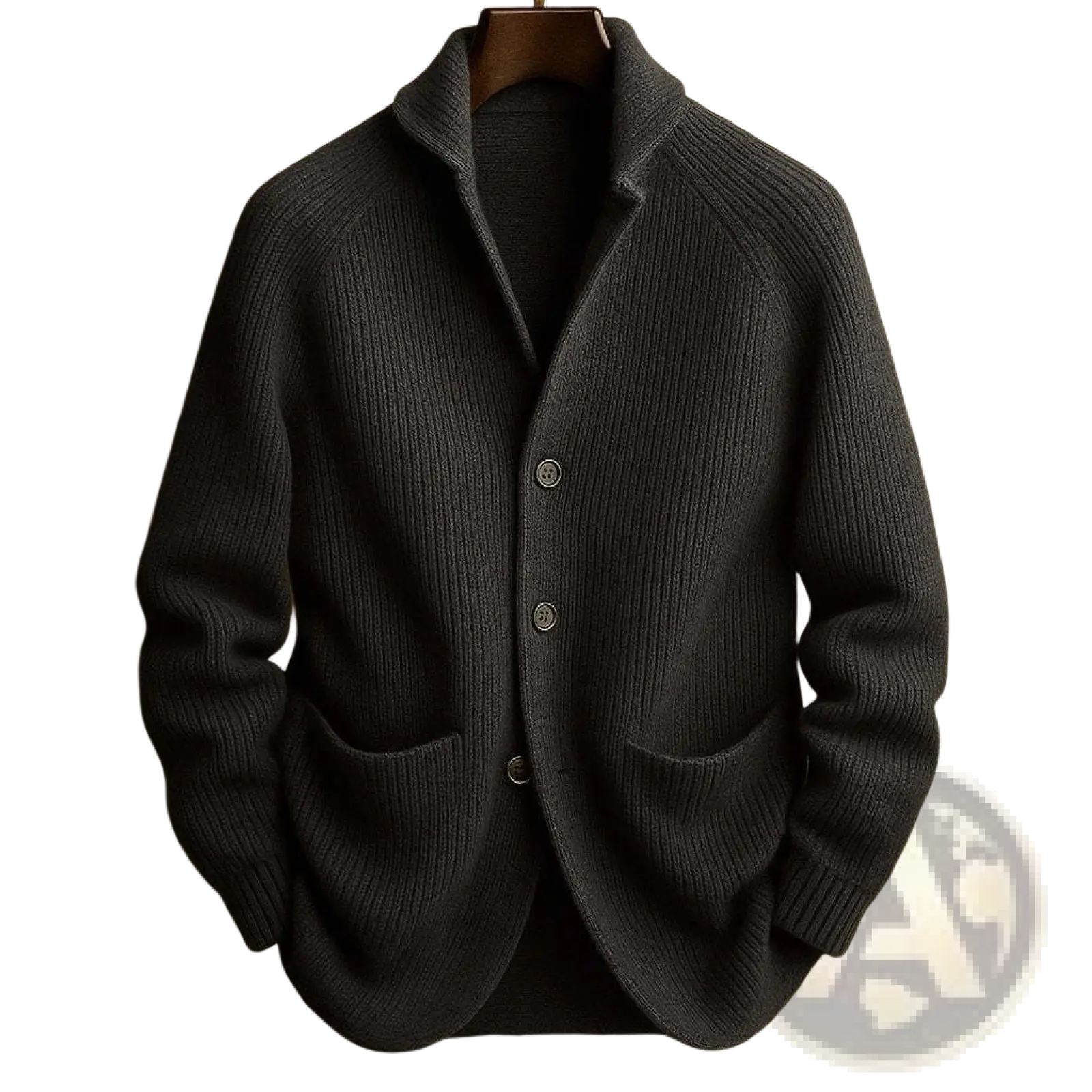 Dark gray ribbed knit men’s cardigan with three buttons and front pockets for casual wear