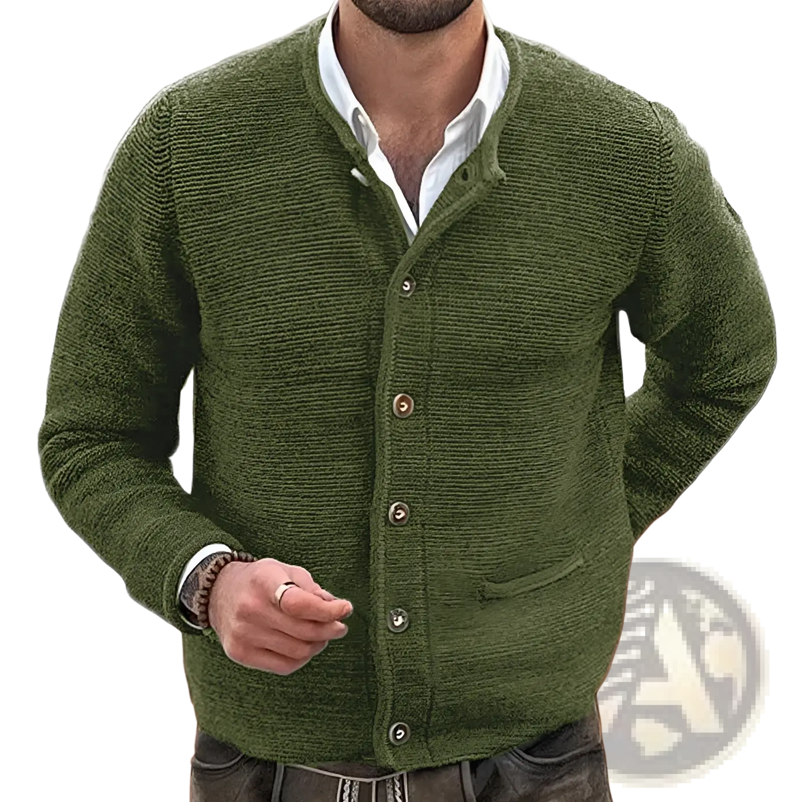 Men knitted cardigan slim fit long sleeve sweater in olive green textured knit with wooden buttons