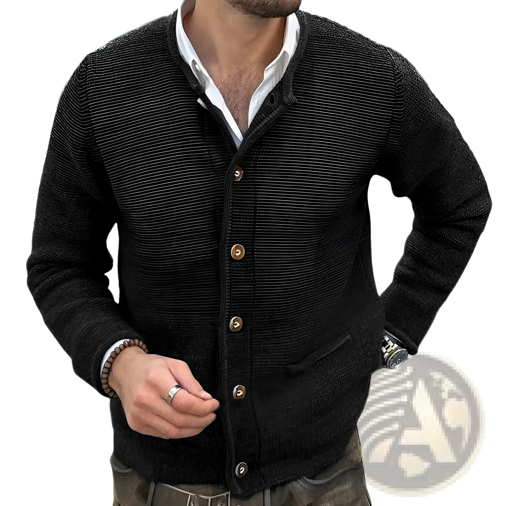 Men knitted cardigan slim fit black textured knit with wooden buttons long sleeve sweater for formal wear